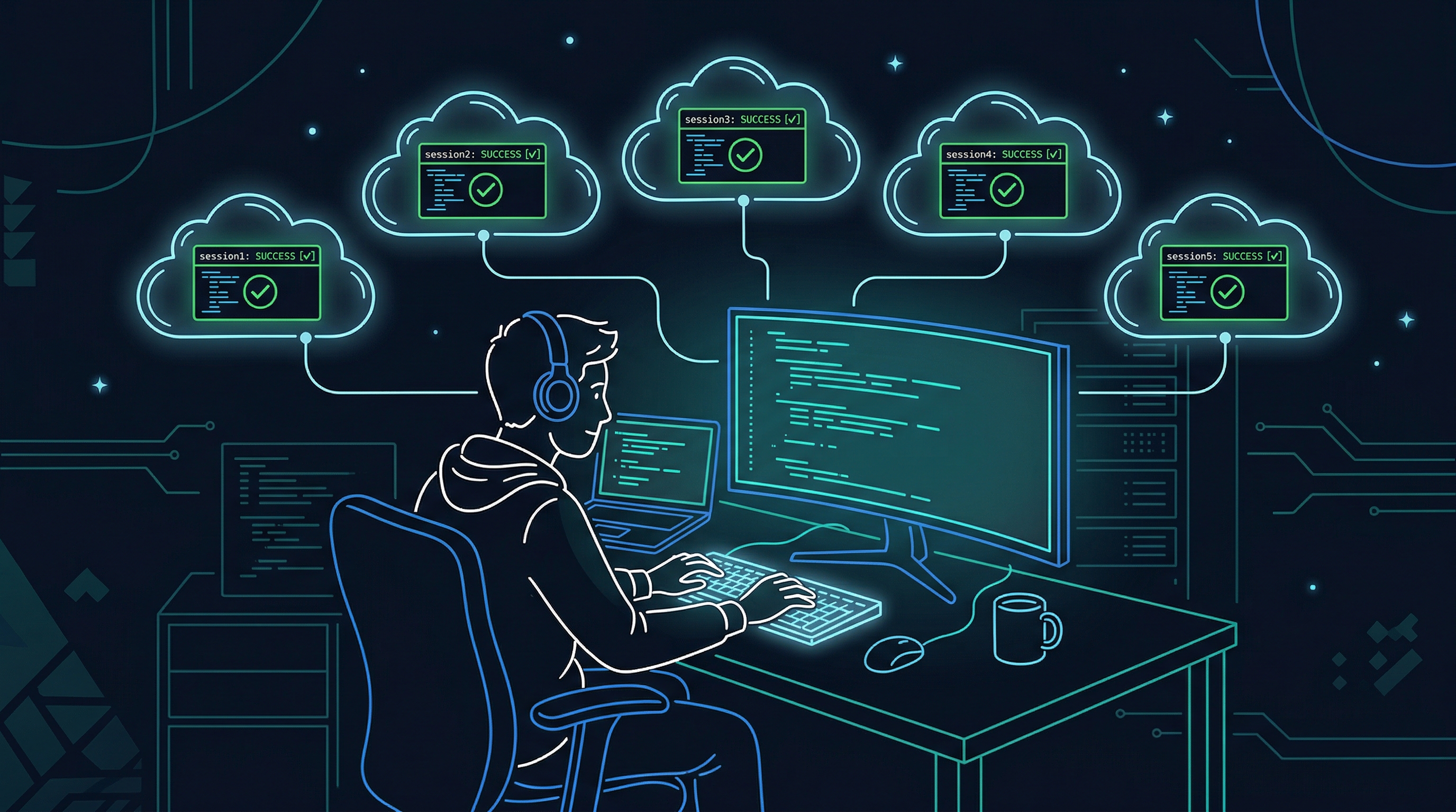 Engineer at a desk with multiple cloud agent sessions running overhead.