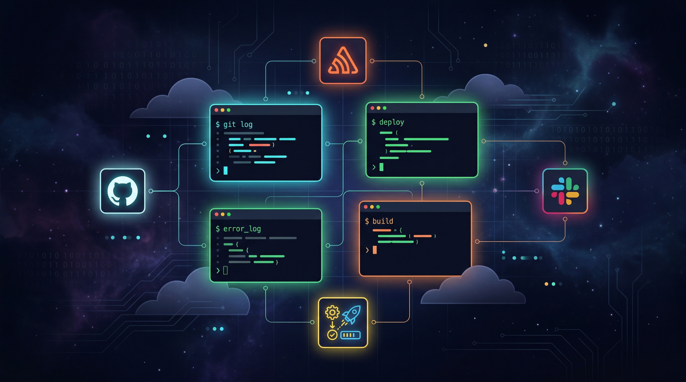 Dark illustration of glowing terminal windows floating in cloud space and connected to engineering tools.
